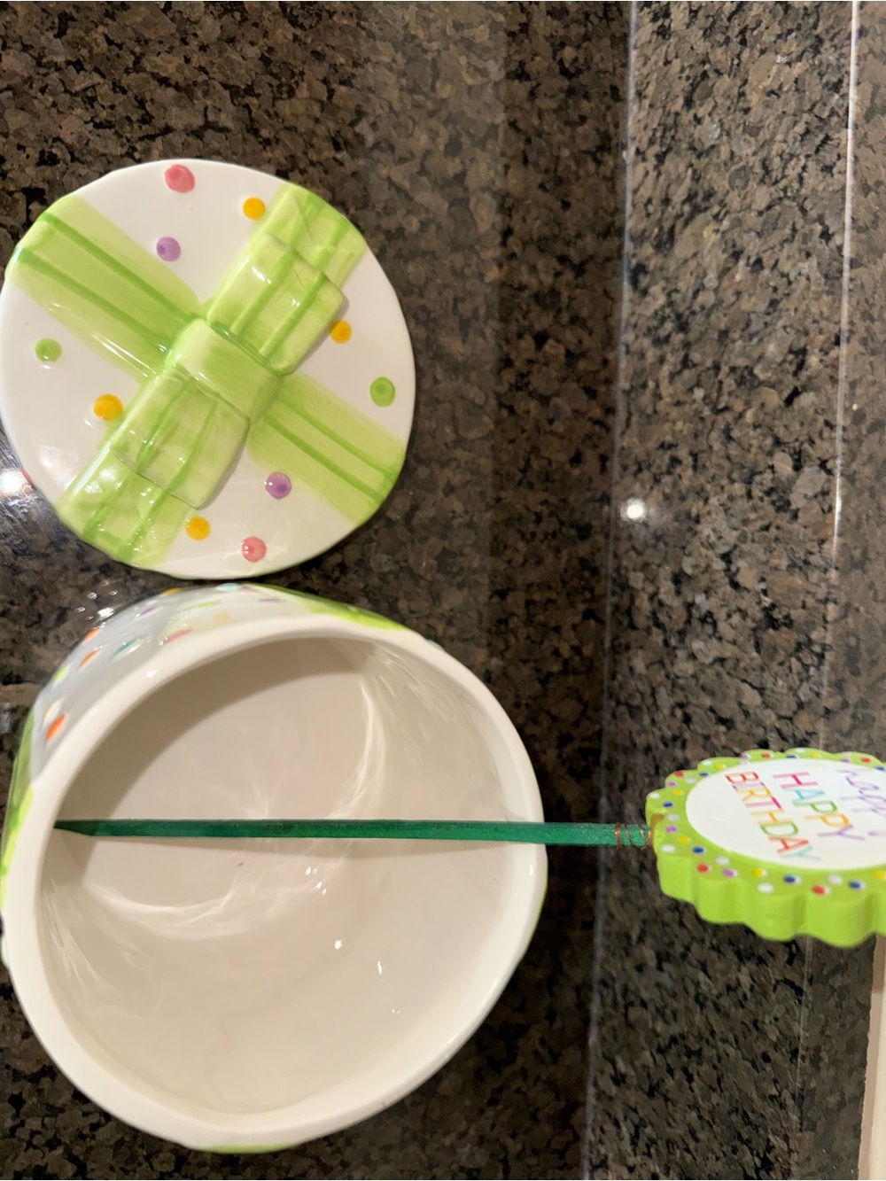 Happy Birthday Ceramic Gift Treat Jar - Green Polka Dot - Picture 3 of 3